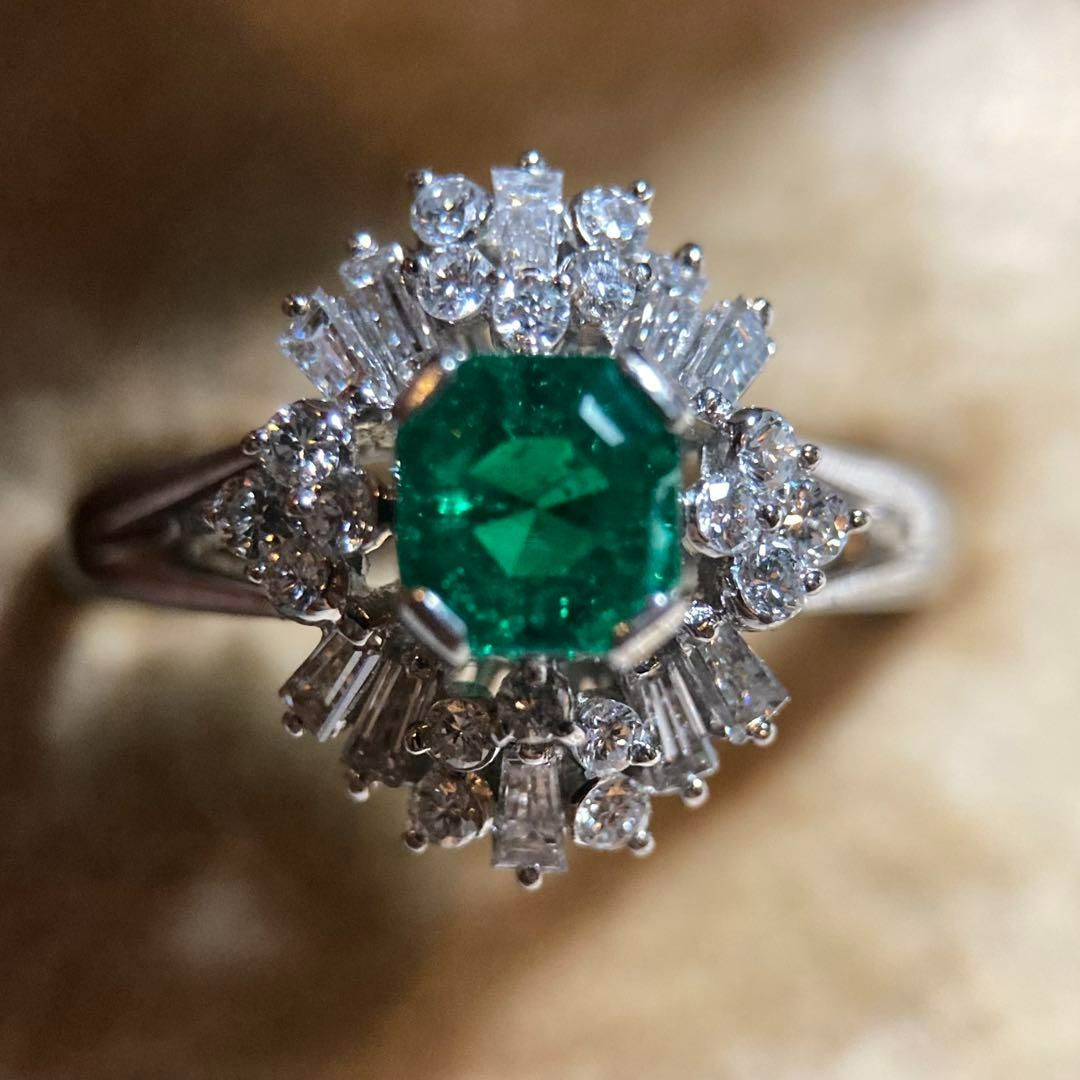 pt900陽刻 コロンビア産 GIA | F1 エメラルド0.98ct × ダイヤモンド ヴィンテージリング 指輪｜GIA鑑別書付き