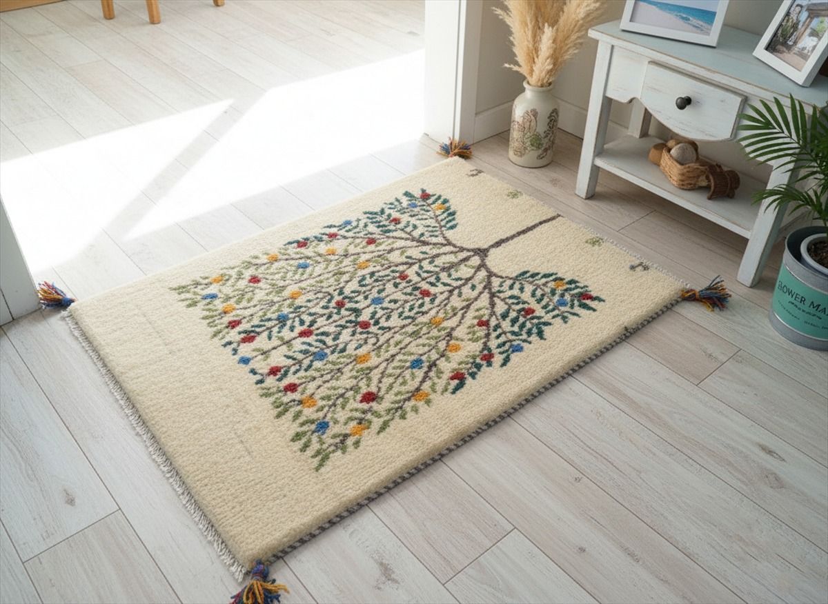 【夏のキャンペーン】ペルシャ　ギャッベ 玄関　90×62 ベージュ生命の木　葉 ペルシャ ギャッベ 玄関マット 87x60㎝ 緑 生命の木 RJ5816G