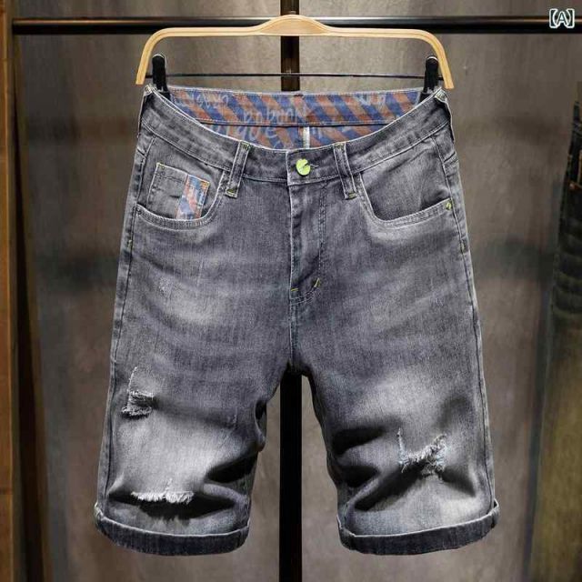 メンズ ファッション 服 オシャレ シンプル 大人 かっこいい 大きいサイズ ストリート 紳士服 夏 薄手 リップド デニム パンツ 五分丈 ミッド カジュアル ストレッチ