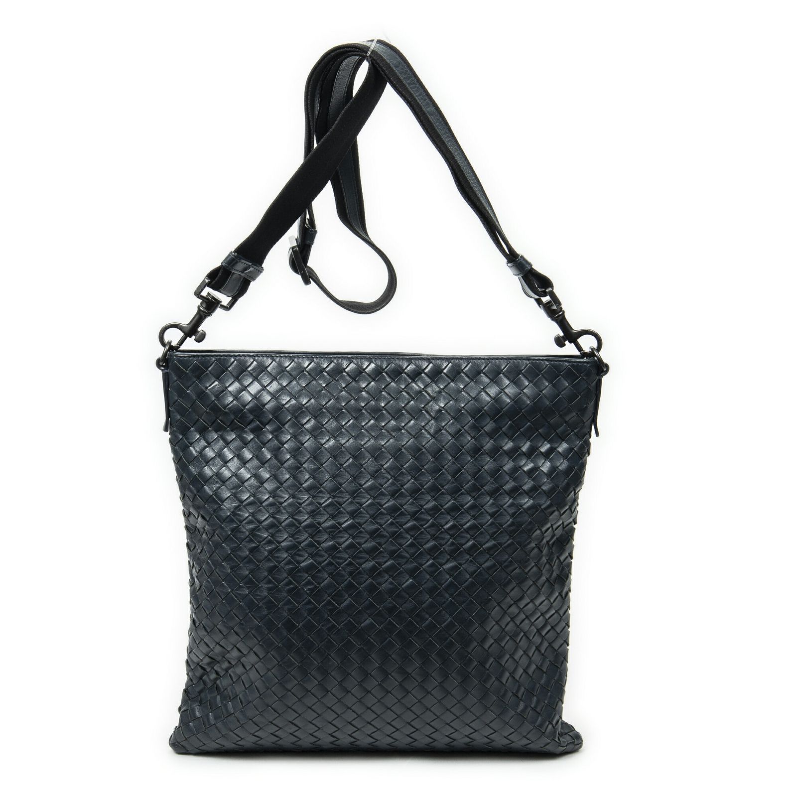 BOTTEGA VENETA ボッテガヴェネタラージフラットメッセンジャーネイビー 黒イントレチャートレザーA