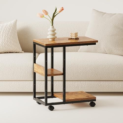 シックなつくり キャスター付き サイドテーブル コの字 茶 ☆シックな