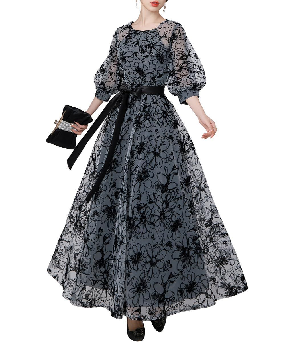 大 結婚式 二次会 フォーマル ドレス 上品 披露宴 女性らしい ロング丈 Aライン 同窓会 裏地付き 長袖 花柄 お呼ばれ ワンピース チュール レディース 卒業式 パーティードレス PHOLEEY