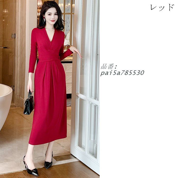 深Vネックウエストリボン絞り 長袖ロングタイトニットワンピース 黒 赤 タイトニット ニットワンピース レディース 韓国 おしゃれ pai5a785530