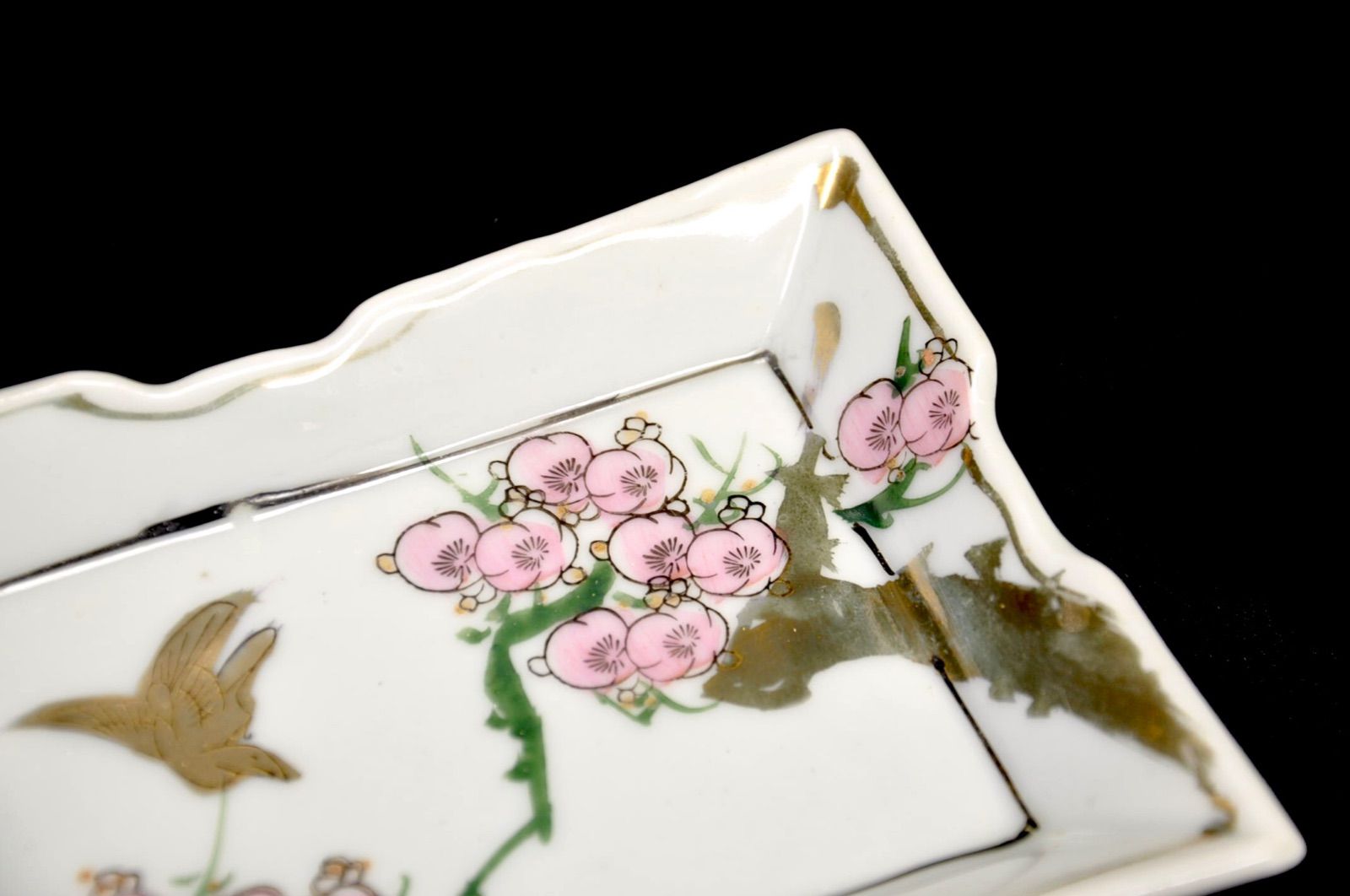 昭和初期 手描金彩花鳥紋 刺身皿 銘々皿 角皿 14枚揃 幅15.5cm