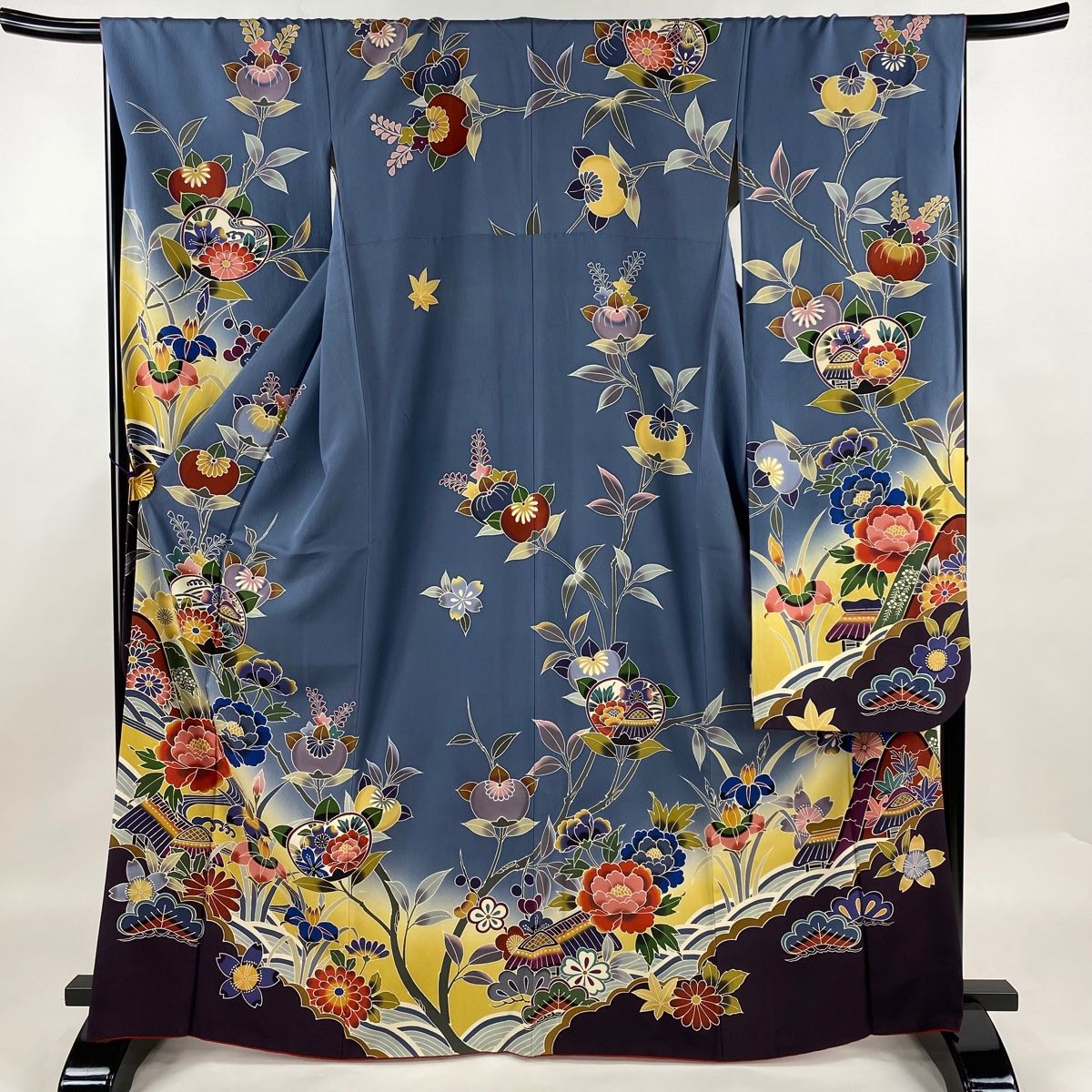 振袖 身丈165.5cm 裄丈67.5cm L 袷 落款 牡丹 家屋 染め分け ぼかし 青灰色 正絹 名品