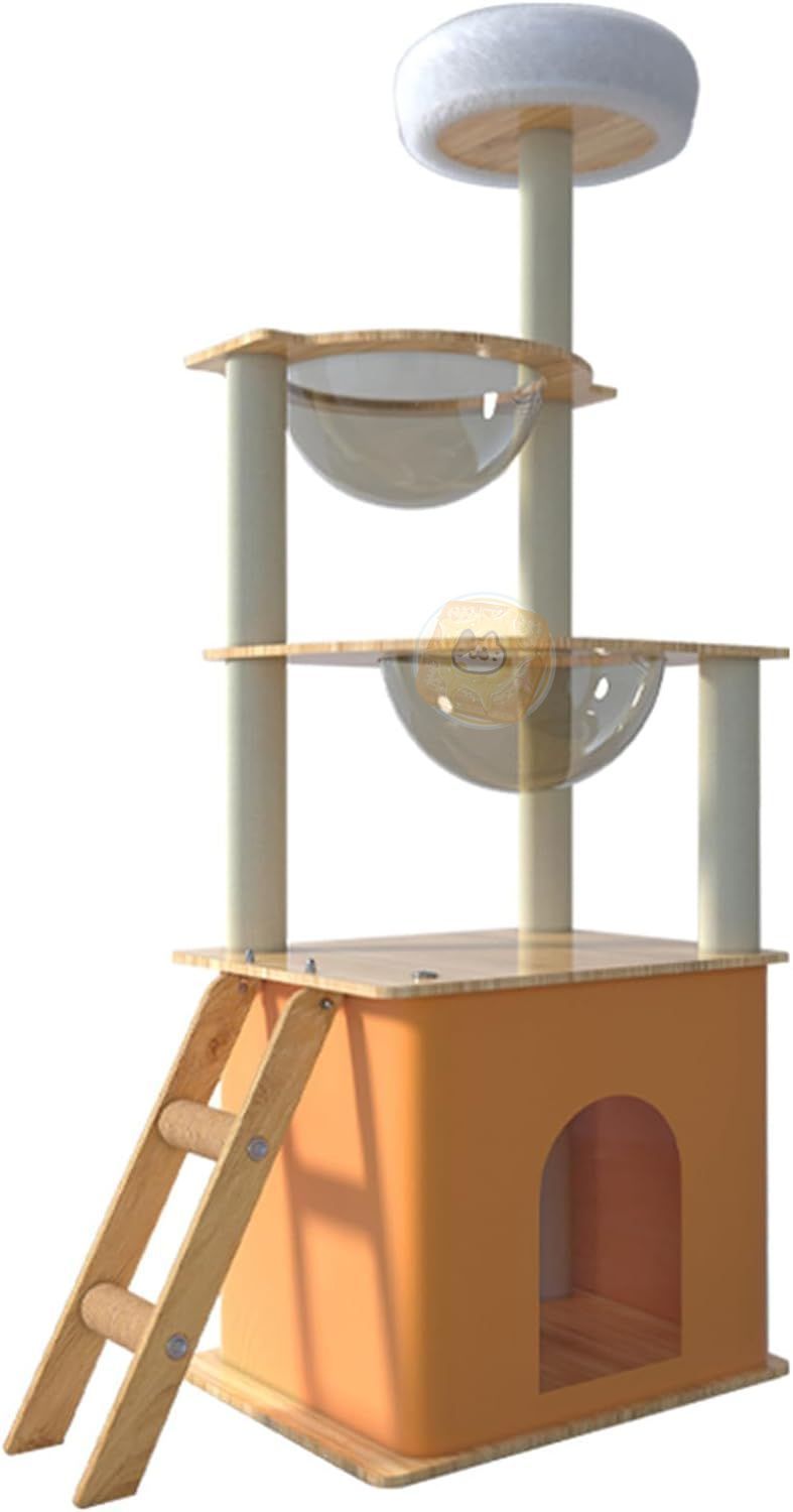 玉城 キャットタワー 猫タワー 登りやすい ねこハウス スリム 高さ135cm 天然麻紐 据え置き型 爪とぎポール 宇宙船 見晴台 多頭飼い 運動不足解消 お手入れ簡単 丸角設計 省スペース 木製 高い安定性ST011