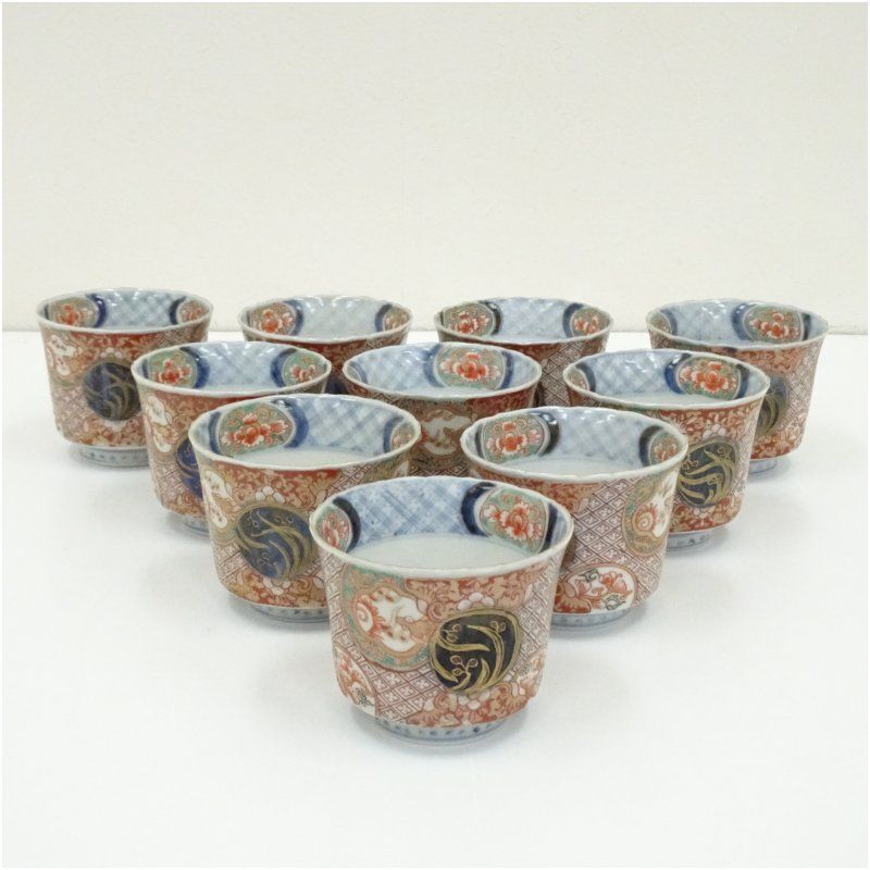 骨董品 古伊万里 色絵金彩 鶴亀紋図 雷文縁 小鉢 蕎麦猪口