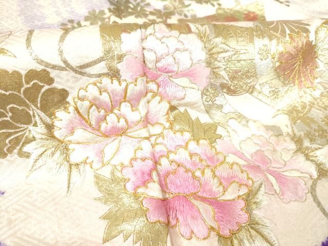 はなくま✾m499＊金駒刺繍 御所車 花車 扇子 牡丹 着物 振袖単品 訪問着レンタル・藍色 青系 駒刺繍 金彩 牡丹 松 風景 FW708