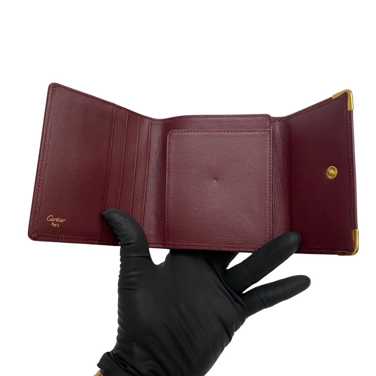 未使用保管品 保存袋 カード付 CARTIER カルティエ マストライン ロゴ レザー がま口 二つ折り 財布 ミニ ウォレット ワインレッド 25818