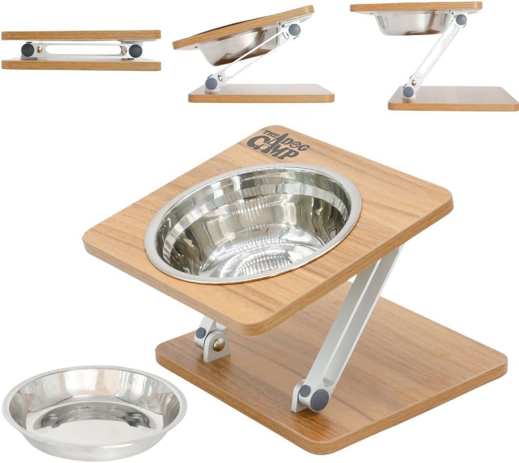 THEDOGCAMP 折りたたみフードスタンド シングルver 深皿 浅皿付き 犬 食器 食器台 ペット ボウル 餌入れ 餌台 スタンド付き 高さ調節 角度 傾斜 小型 中型 大型犬 ペットボウル 溢れ止め 水入れ 折り畳み