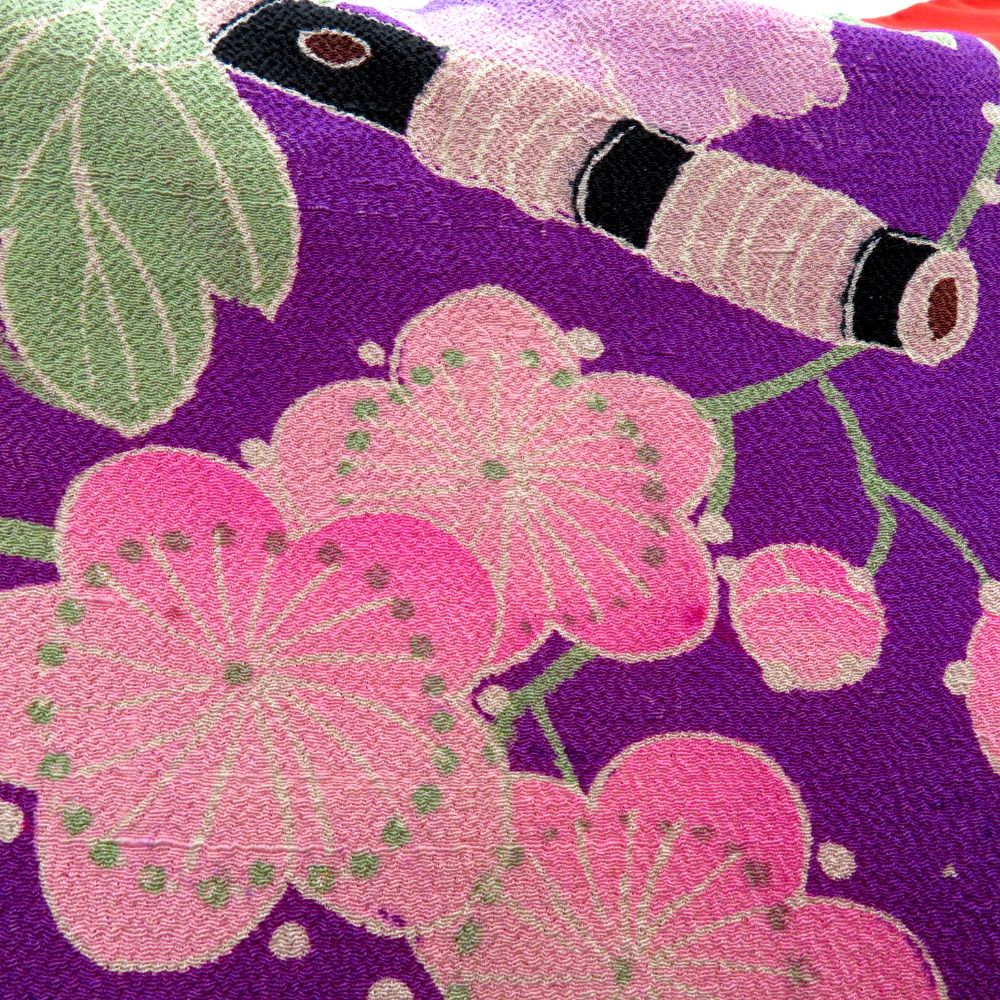 襦袢 昔 長襦袢 アンティーク バチ衿 正絹 紫 多色 和楽器 花々 紅絹