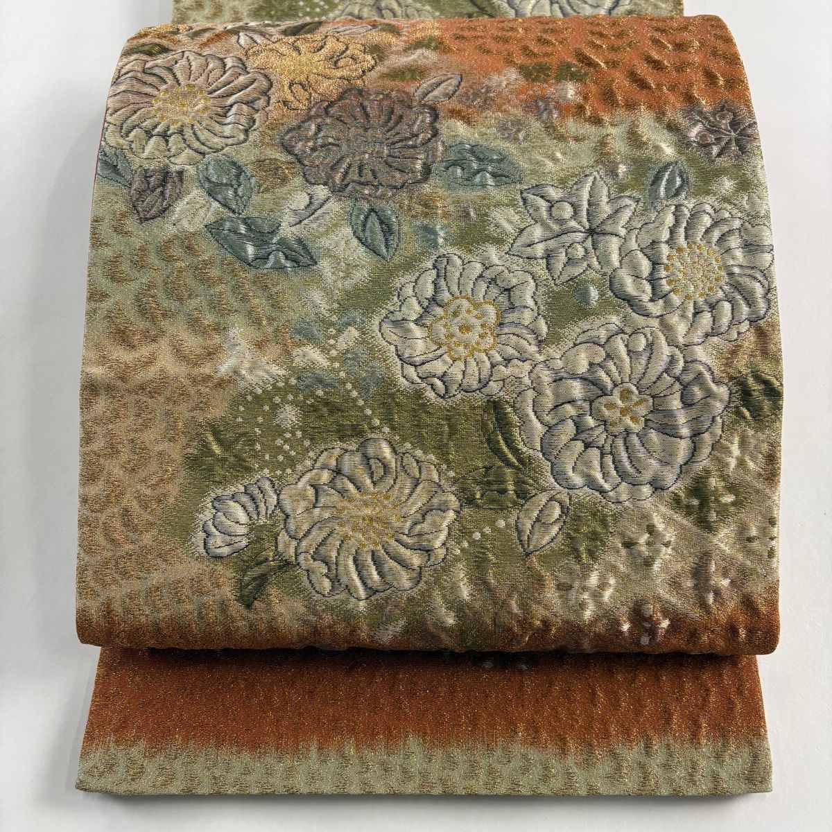 袋帯 美品 秀品 辻が花 菱 金糸 箔 茶緑色 六通 正絹 【中古