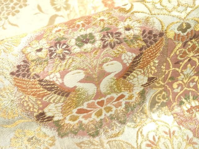 平和屋着物▽六通柄袋帯 唐織 向かい鳥吉祥花文 金銀糸 正絹