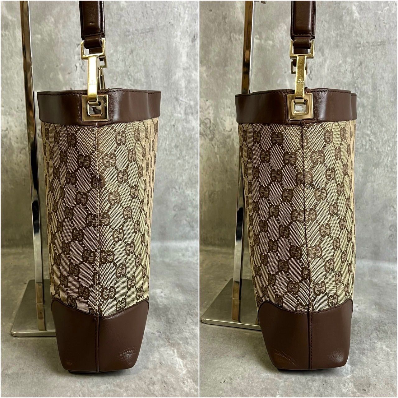 良品 GUCCI トートバッグ キャンバス レザー ブラウン GG柄 肩掛け
