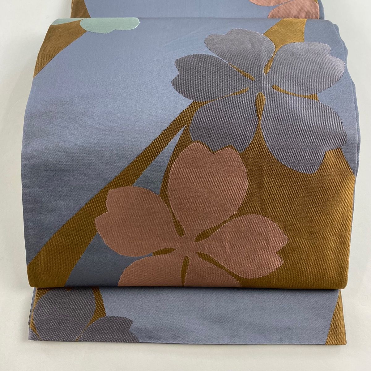辻村ジュザブロー　袋帯　六通　花紗綾形文 袋帯 名品 辻村ジュサブロー 落款 花 灰色 六通 正絹 【中古