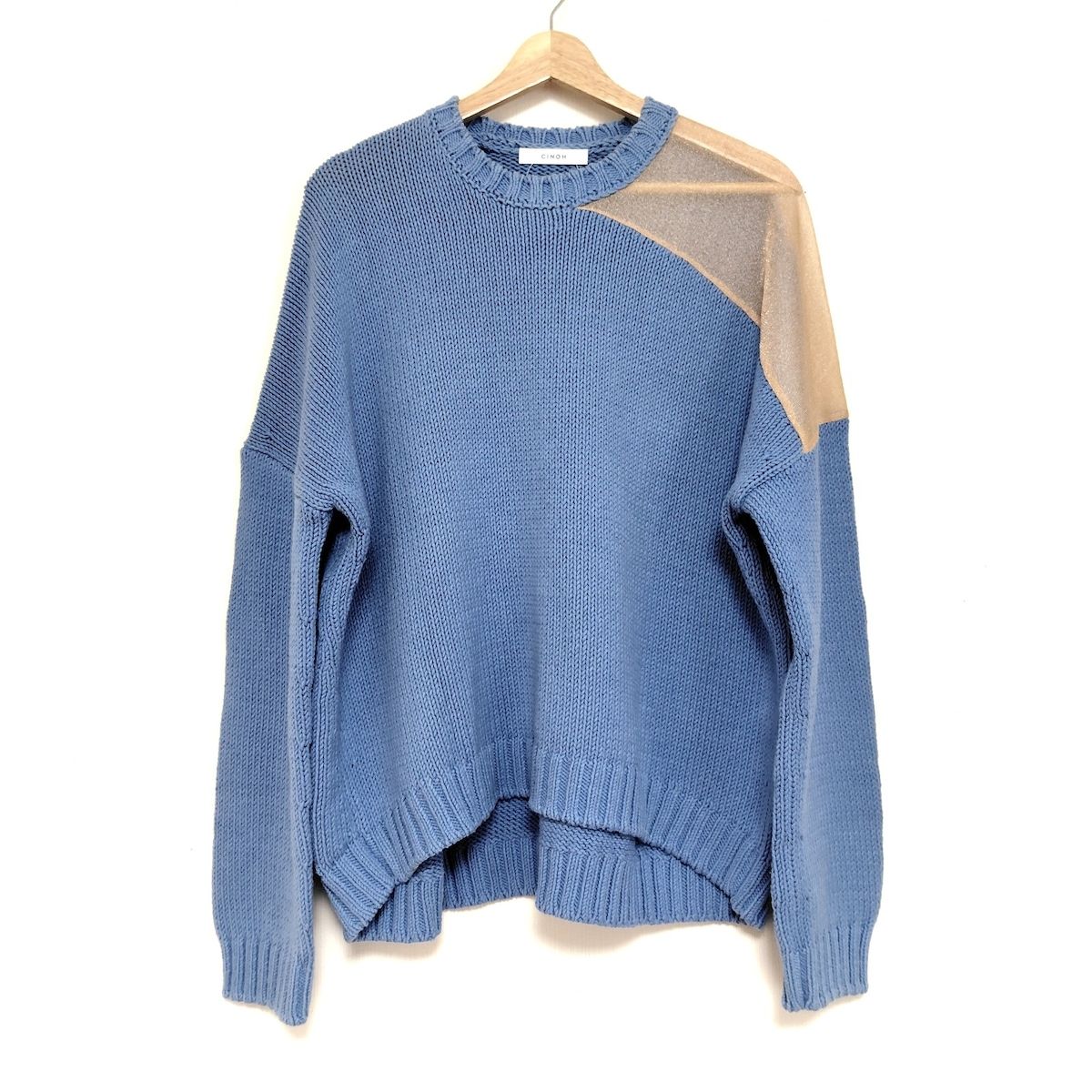 CINOH チノ 長袖セーター サイズ38 M レディース - ブルー×ベージュ クルーネック シースルー