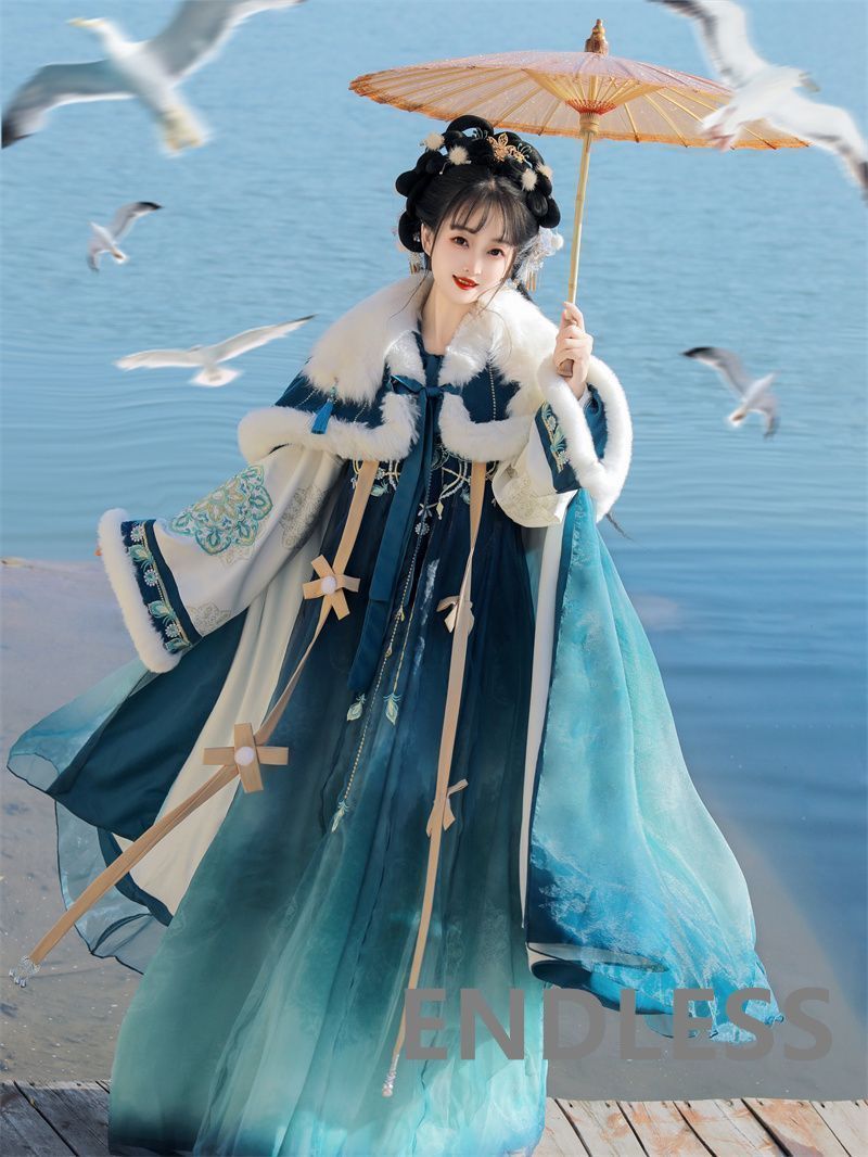 【新品未使用】漢服 豪華刺繍デザイン 中国風 【顔如玉】 オリジナル漢服 唐制風 六点フルセット トップス＋裏起毛スカート＋裏起