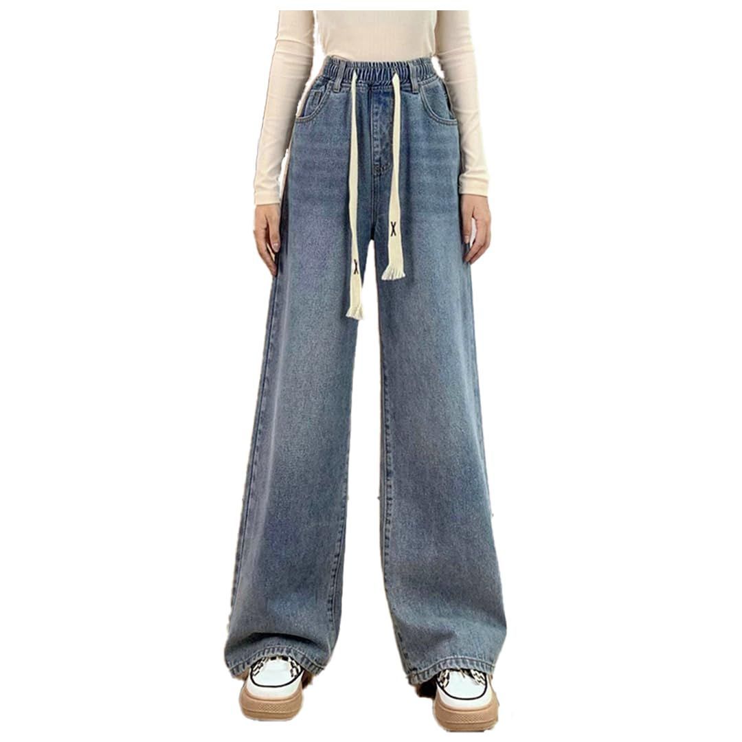 Size M UQQA ウエストゴム ワイド ジーンズ デニムパンツ レディース ハイウエスト ゆったり ルーズ 細見え ストリート 股上深め 暑くない ヒップホップ ファッション 大人カッコイイ インディゴ きれい 部屋着 おしゃれ 大きい M