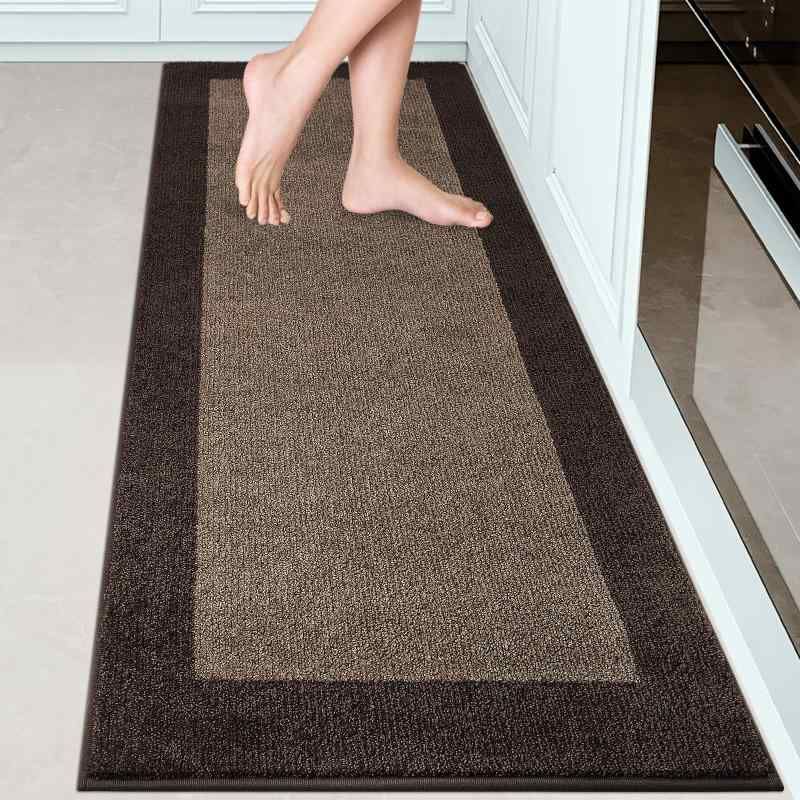 DOMUSTEX 洗濯機で洗えるキッチンラグ 床用滑り止めクッション付きキッチンマット 廊下 ランドリー バスルーム ドア用吸収性ランナーラグ 60 x 178cm ブラウン