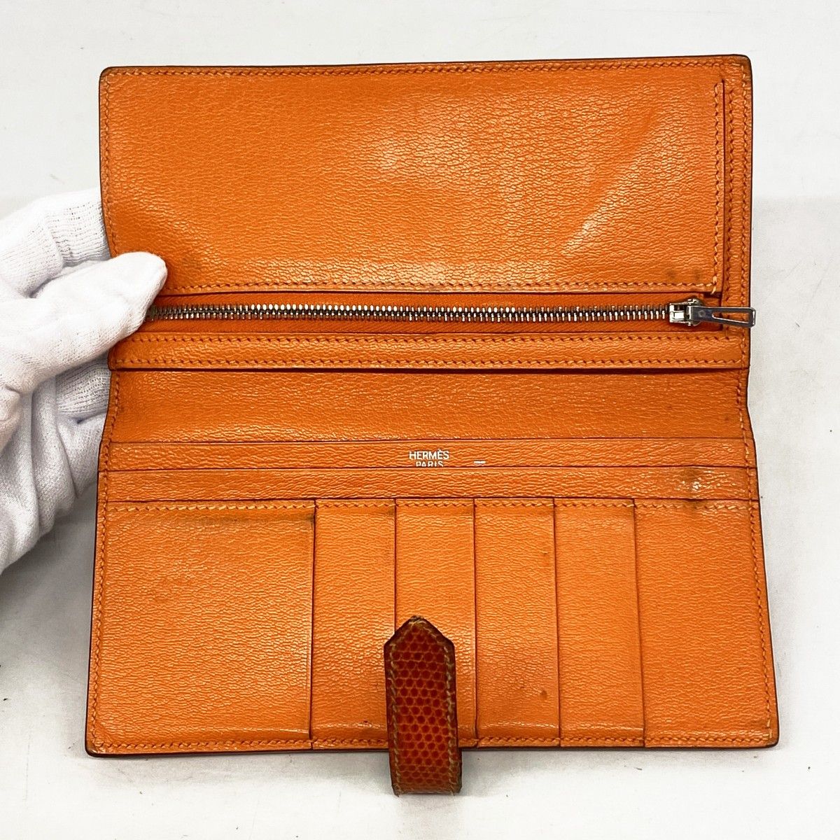 5db3224】エルメス 長財布 ベアン リザード オレンジ シルバー