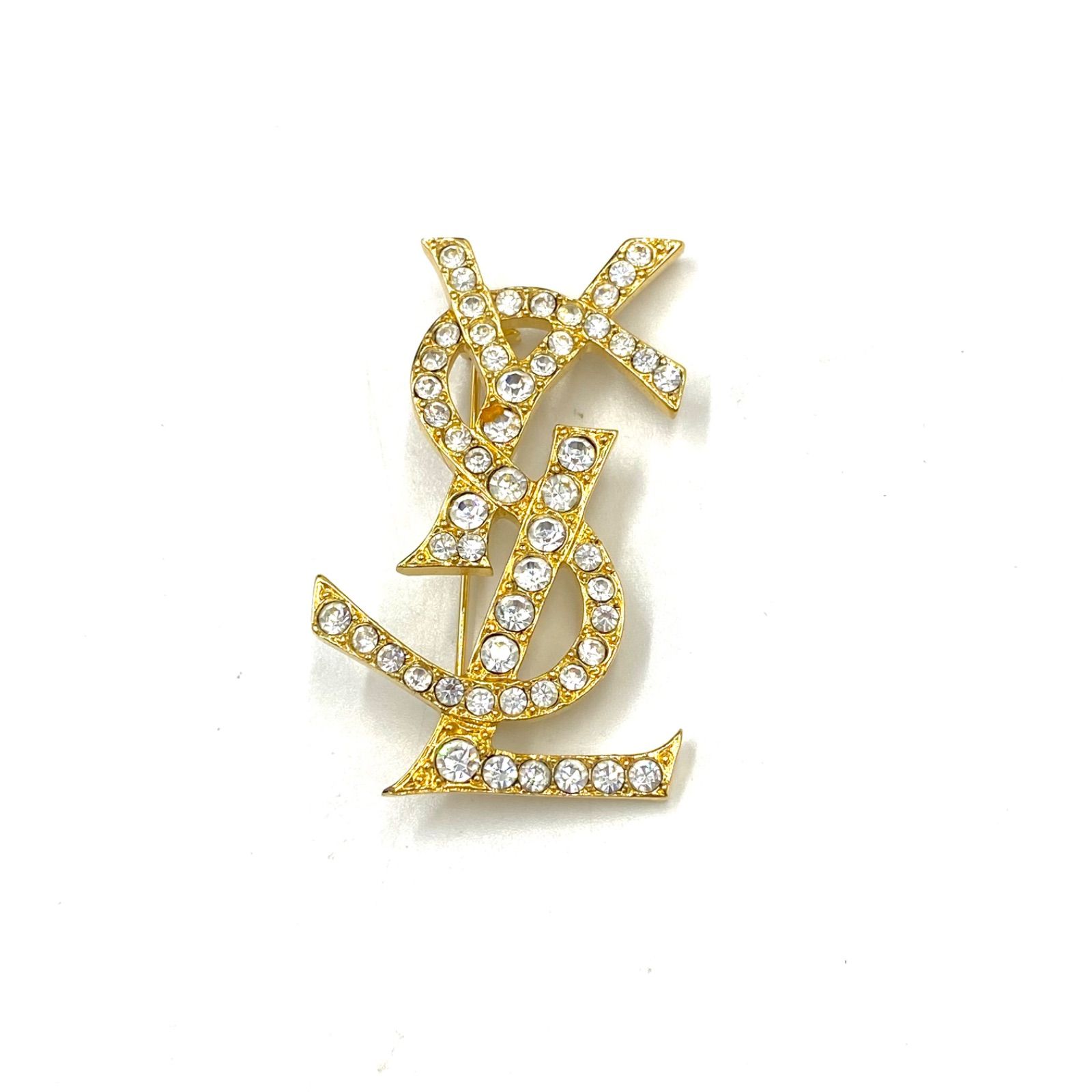 上品 YSL Yves Saint Laurent イヴ サンローラン ロゴ ブローチ コサージュ ゴールド ライトストーン カサンドラ