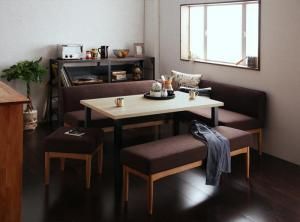 ダイニングセット（テーブルu0026ソファ ベンチ スツール） モダンカフェ風リビングダイニングセット 6人 5点セット(テーブル+ソファ1脚+アームソファ1脚+ベンチ1脚+スツール1脚) 右アーム W120