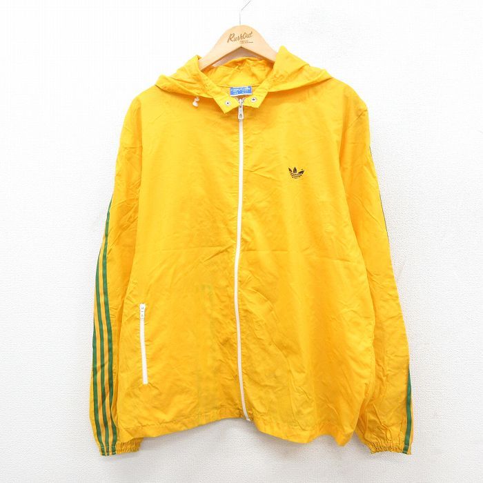 L|古着 アディダス adidas 長袖 ナイロン ジャケット パーカー メンズ 70s ワンポイントロゴ リーフ トレフォイル 黄 イエロー 3本ライン s