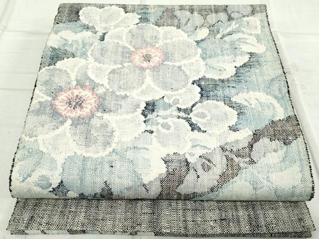 平和屋着物○九寸名古屋帯 紬地 型染 重ね山青海波花文 正絹 逸品