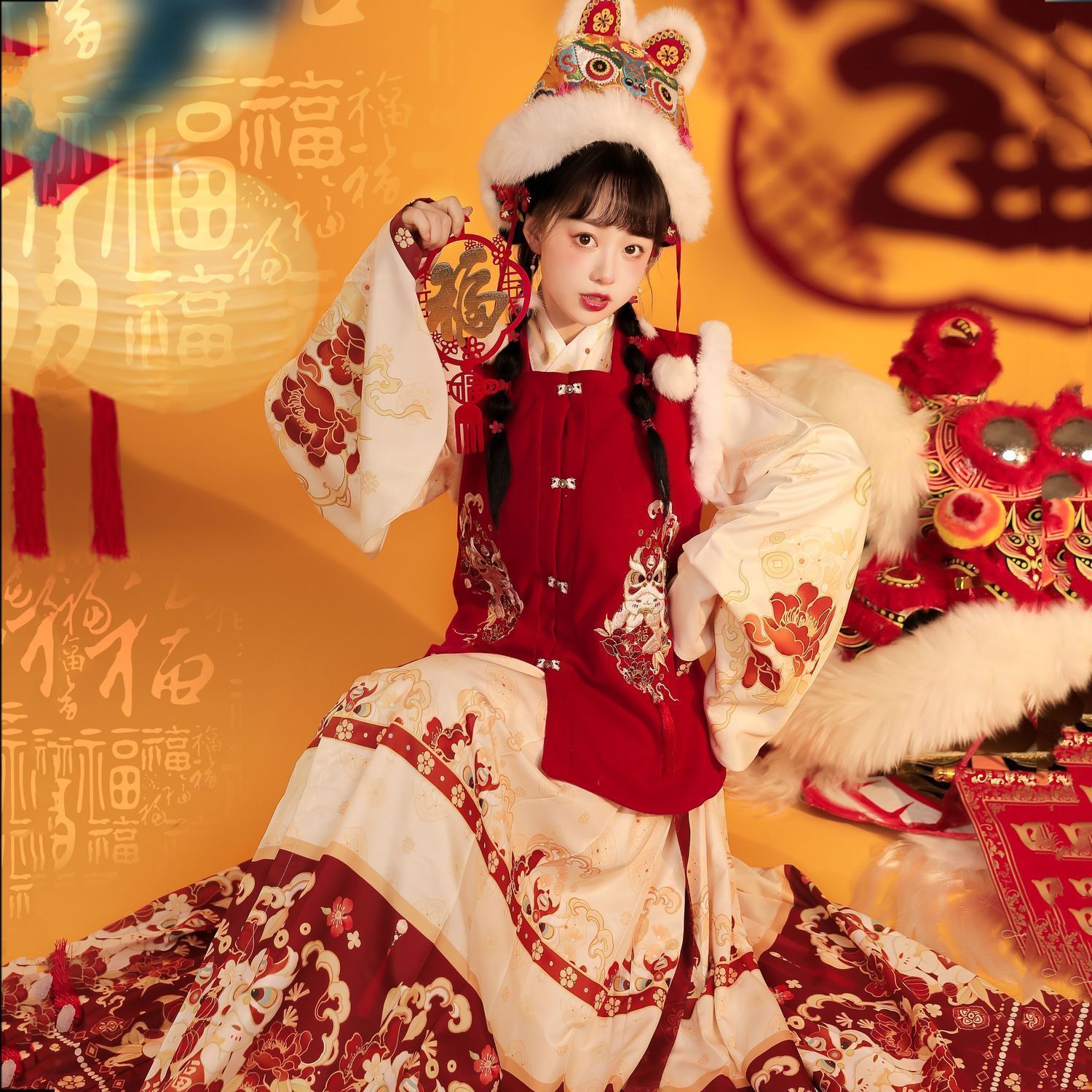 赤色百褶馬面裙 コスプレ アイドル衣装 明制刺繍方領馬甲 秋冬加絨バージョンセット 中国伝統衣装 コスプレ キャラクター衣装 成人式 米色|赤色