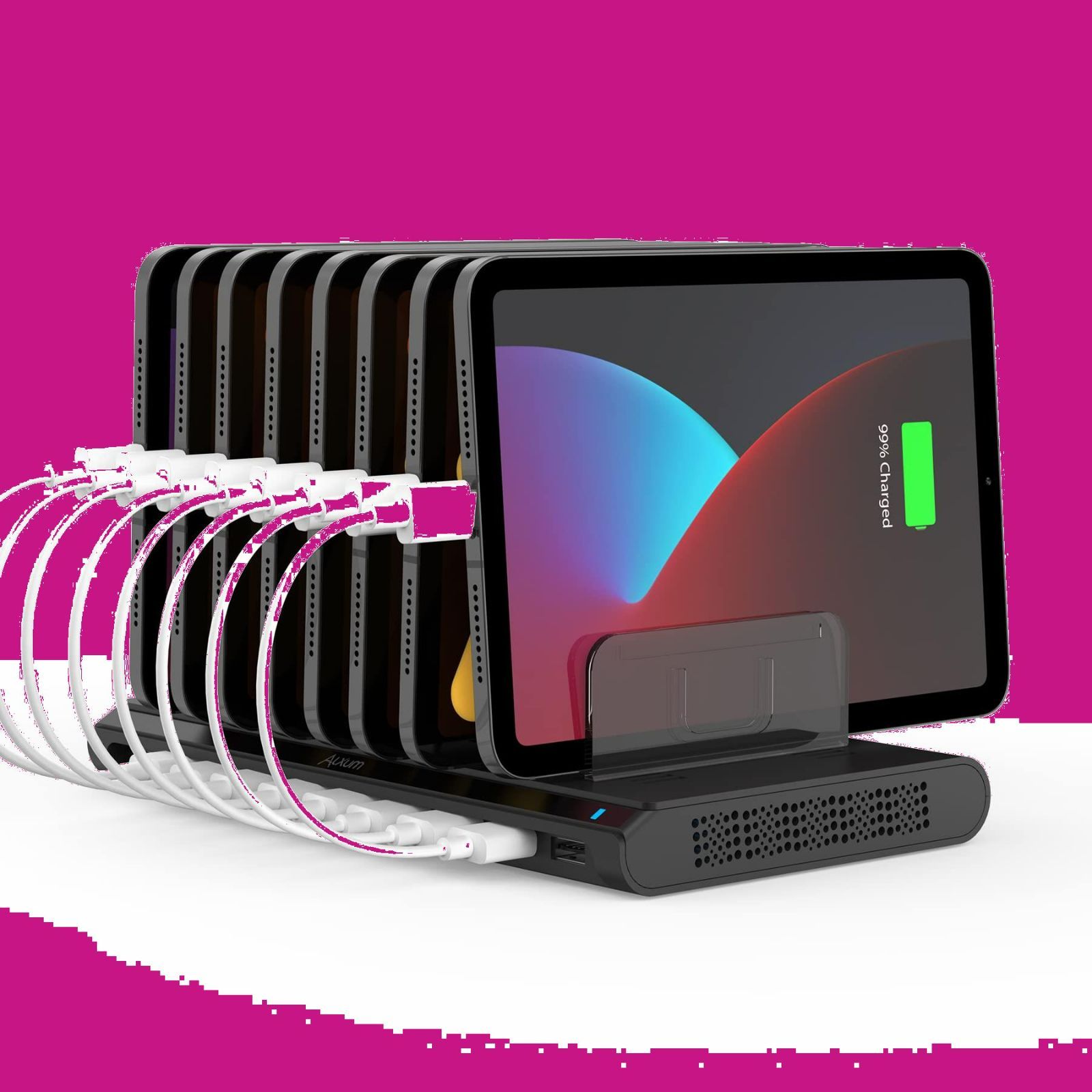 【数量限定】Alxum USB充電ステーション 96W 10ポート スマホ充電スタンド 10台同時充電 PSE認証済 仕切り板間隔調整可能 5V/2.4A スマホ/タブレット対応 収納便利 ブラック