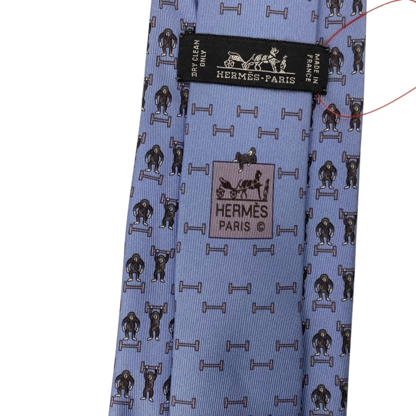 美品 エルメス HERMES プリントタイ ネクタイ モンキー柄 H柄 ライト