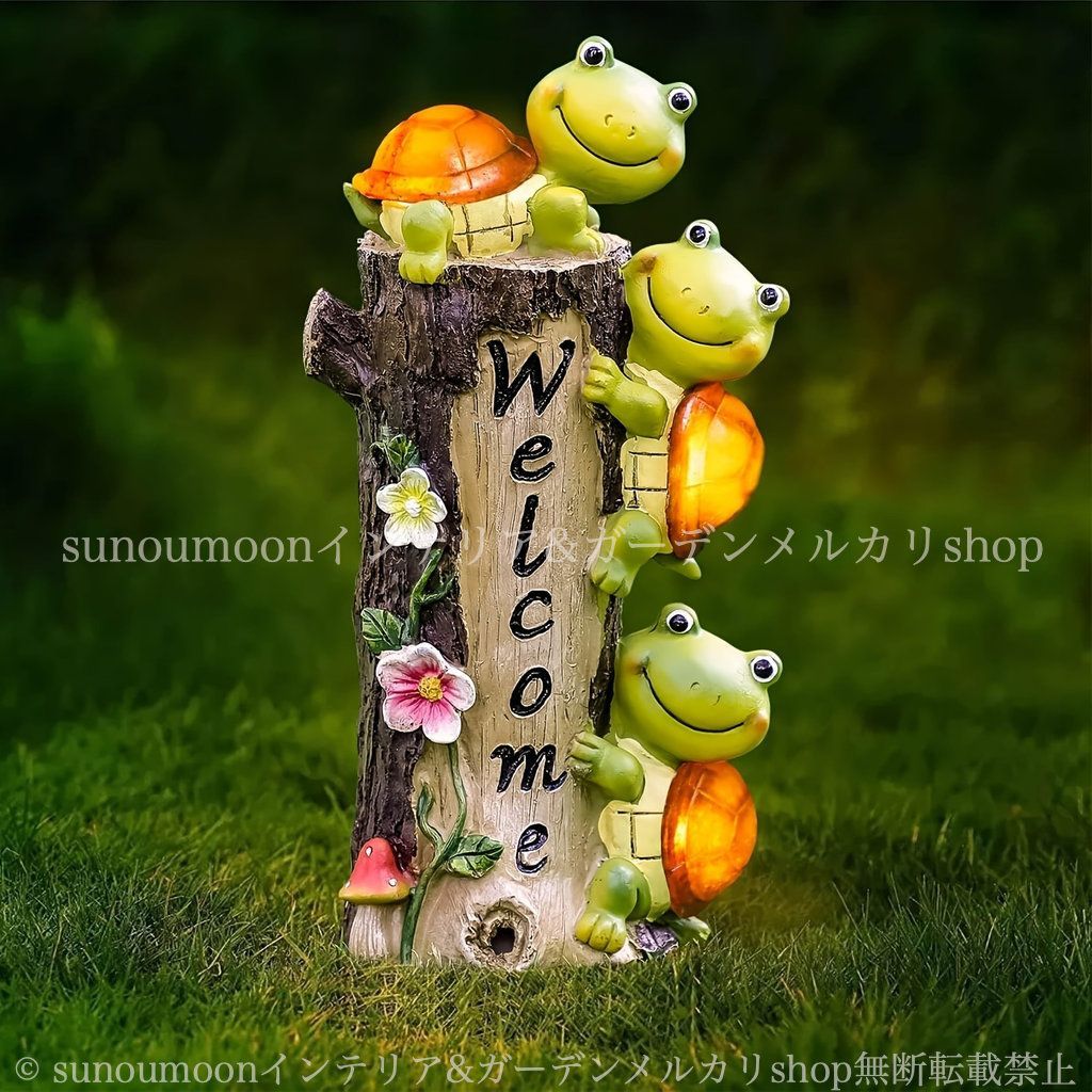 ガーデンインテリア オブジェ 亀 太陽光 ガーデン雑貨 お洒落 ライト 4-7 WELCOME 彫刻 ガーデニング 庭の装飾 屋外 雑貨 おしゃれ かわいい インテリア カメ ガーデンライト 置物 樹脂 太陽光 ガーデン