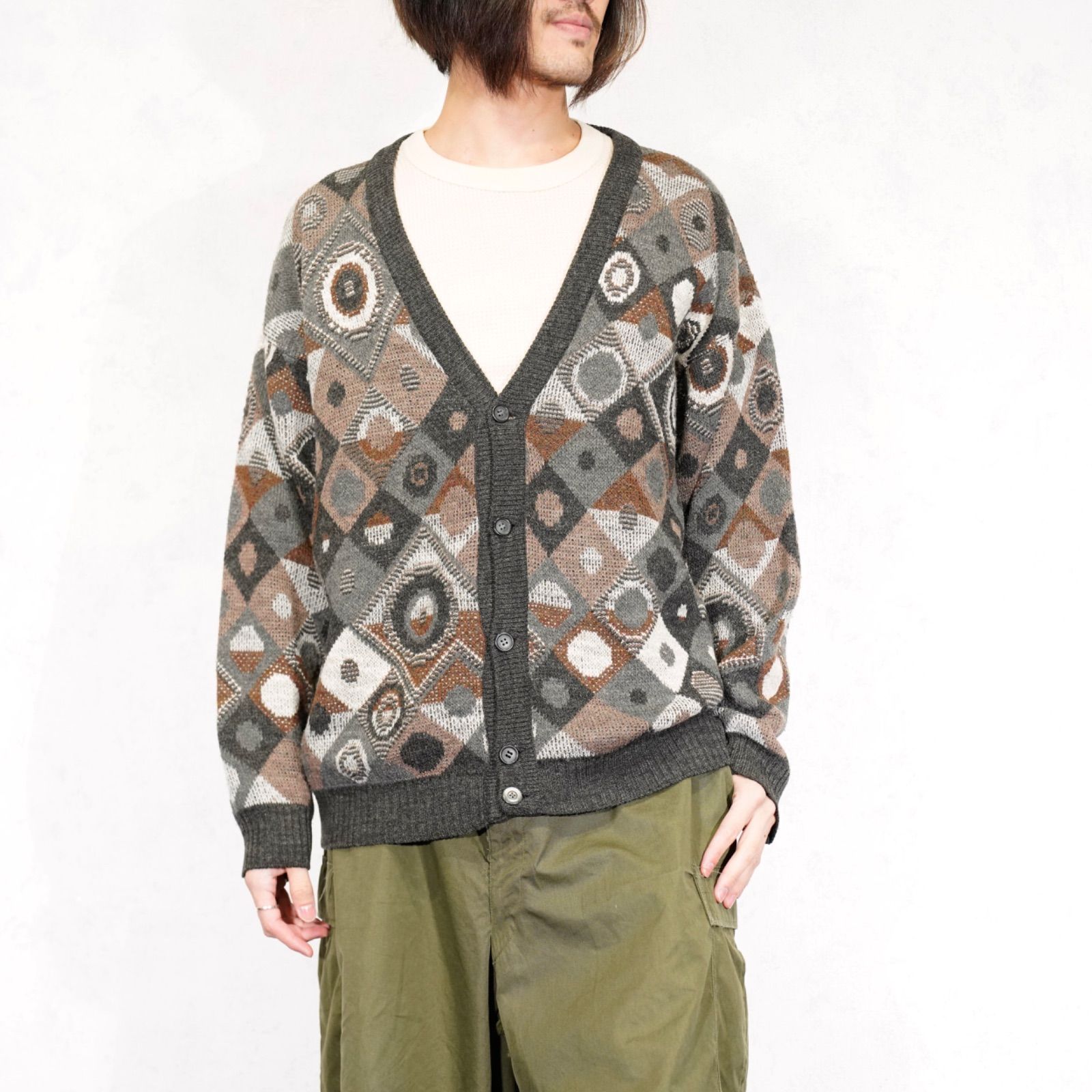 EU VINTAGE PATTERNED DESIGN WOOL KNIT CARDIGAN|ヨーロッパ古着柄デザインウールニットカーディガン