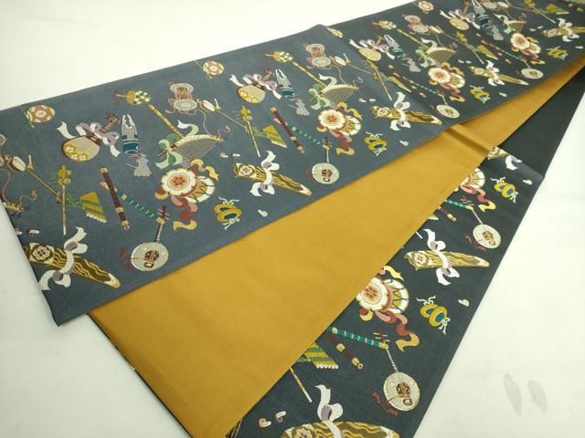 平和屋着物■極上　西陣の老舗　1782年創業　山下織物　六通柄袋帯　唐織　楽器文　羊羹色地　金糸　逸品　DZAA8598kh5 平和屋着物□極上 西陣の老舗 1782年創業 山下織物 六通柄袋帯 唐織