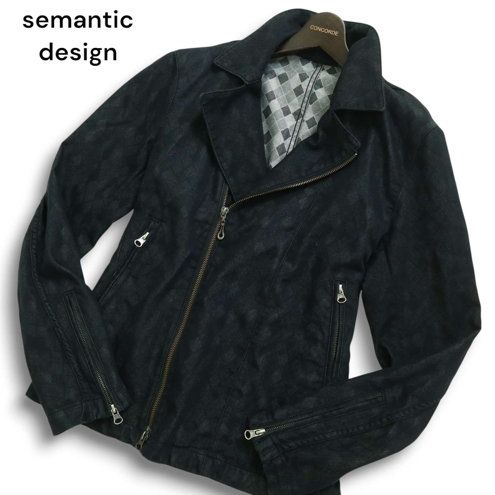 semantic design セマンティック デザイン 通年 アーガイル総柄 ダブル ライダース デニム ジャケット Sz.M メンズ