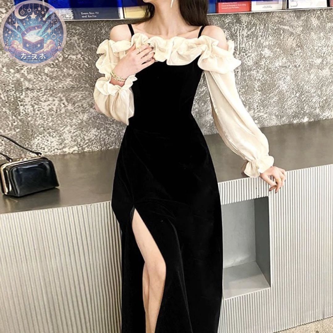 新品未使用 フリルのオフショルが可愛い 長袖のベロアイブニング