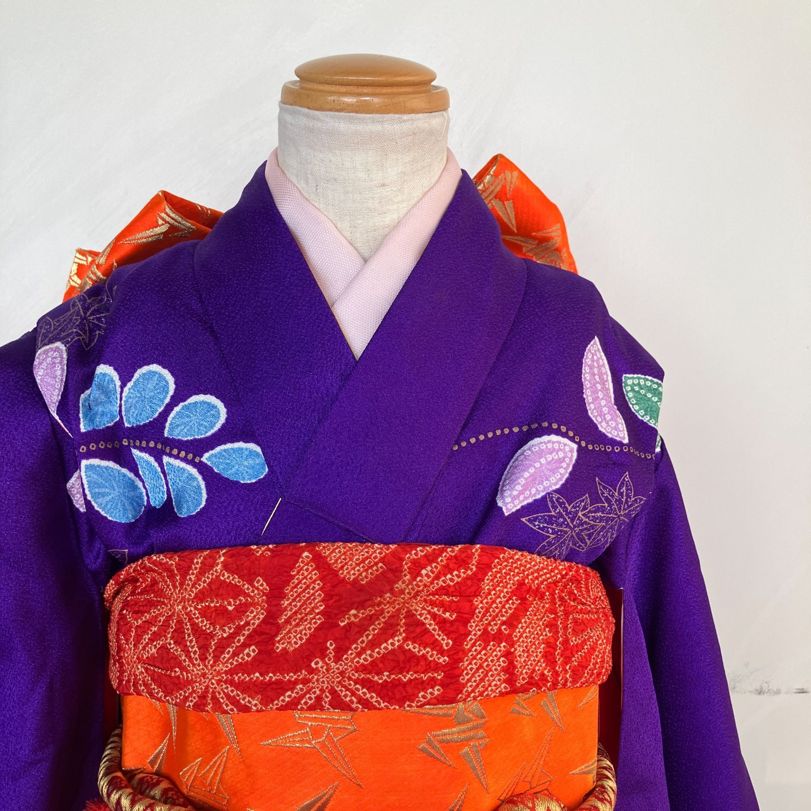 七五三 7歳女の子 着物 四つ身 紫 長襦袢 作り帯セット 帯揚げ帯締めしごき付き ビンテージ きもの猫田 T 318