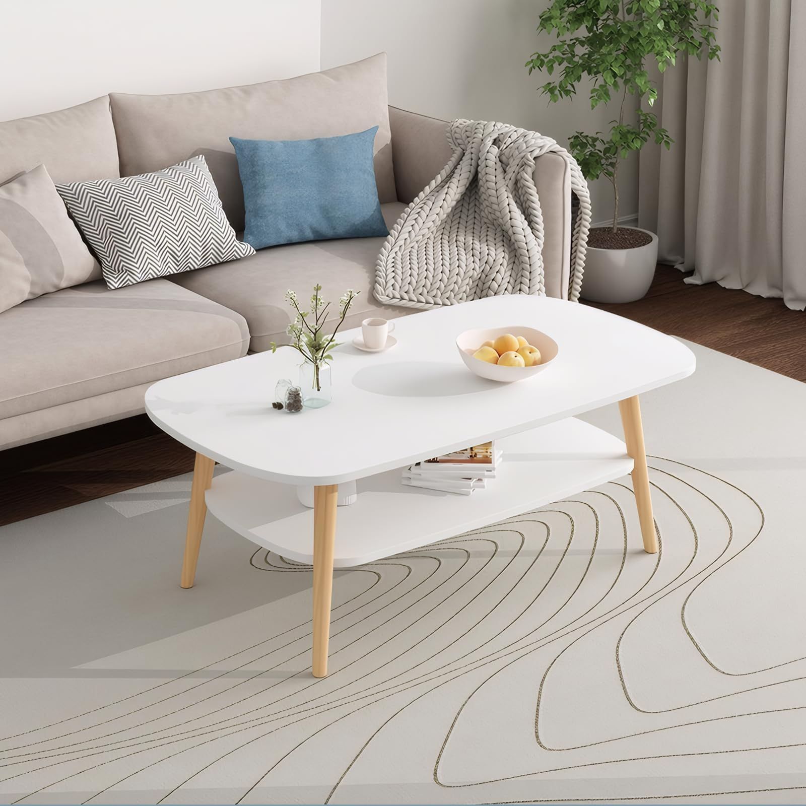 頑丈 ナチュラル 木製 おしゃれ ホワイト 取り付け組立簡単 省スペース 幅100 奥行50 高さ42 cm 一人暮らし シンプル テーブル リビング 白 コーヒーテーブル 2段収納棚付き センターテーブル ローテーブル