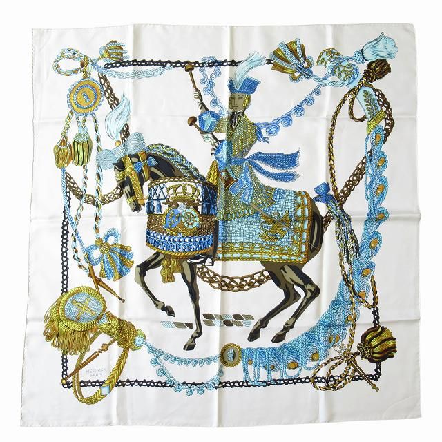 エルメス HERMES カレ90 Le Timbalier ティンパニ奏者 大判 シルク スカーフ ホワイト|マルチ メンズ レディース ユニセックス