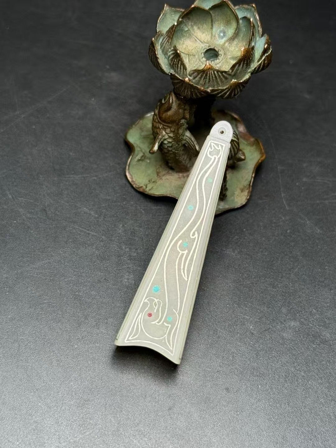 中国古美術.旧蔵品.古和田玉花翎管.銀線掐絲.寶石嵌.古時期飾品.賞物.中国古玩