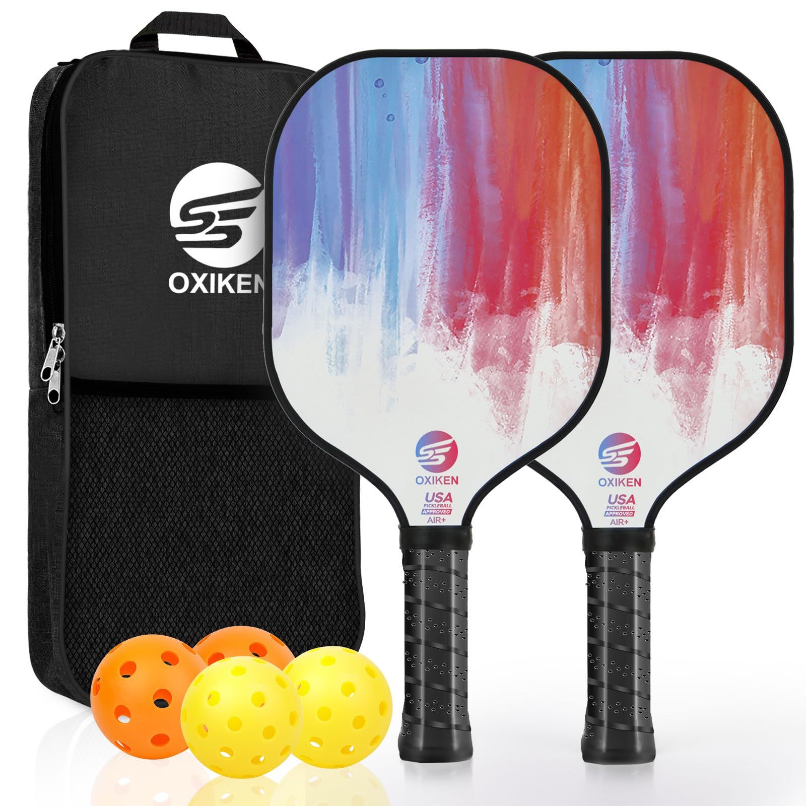 SS OXIKEN ピックルボールパドル 2個セット USAPA承認 カーボンファイバーピックルボールパドル CHS ポリプロピレンハニカムコア 滑り止め 吸汗グリップ 屋外ピックルボール2個 屋内ピックルボール2個 バッグ カラー