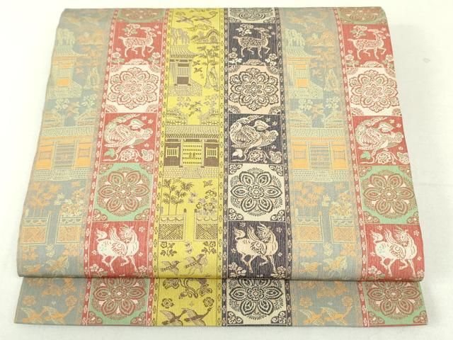 平和屋着物●龍村美術織物　全通柄　九寸開き名古屋帯　紅牙瑞錦　金糸　正絹　逸品　DAAT7931ob 平和屋着物○龍村美術織物 全通柄 九寸開き名古屋帯 紅牙瑞錦 金糸