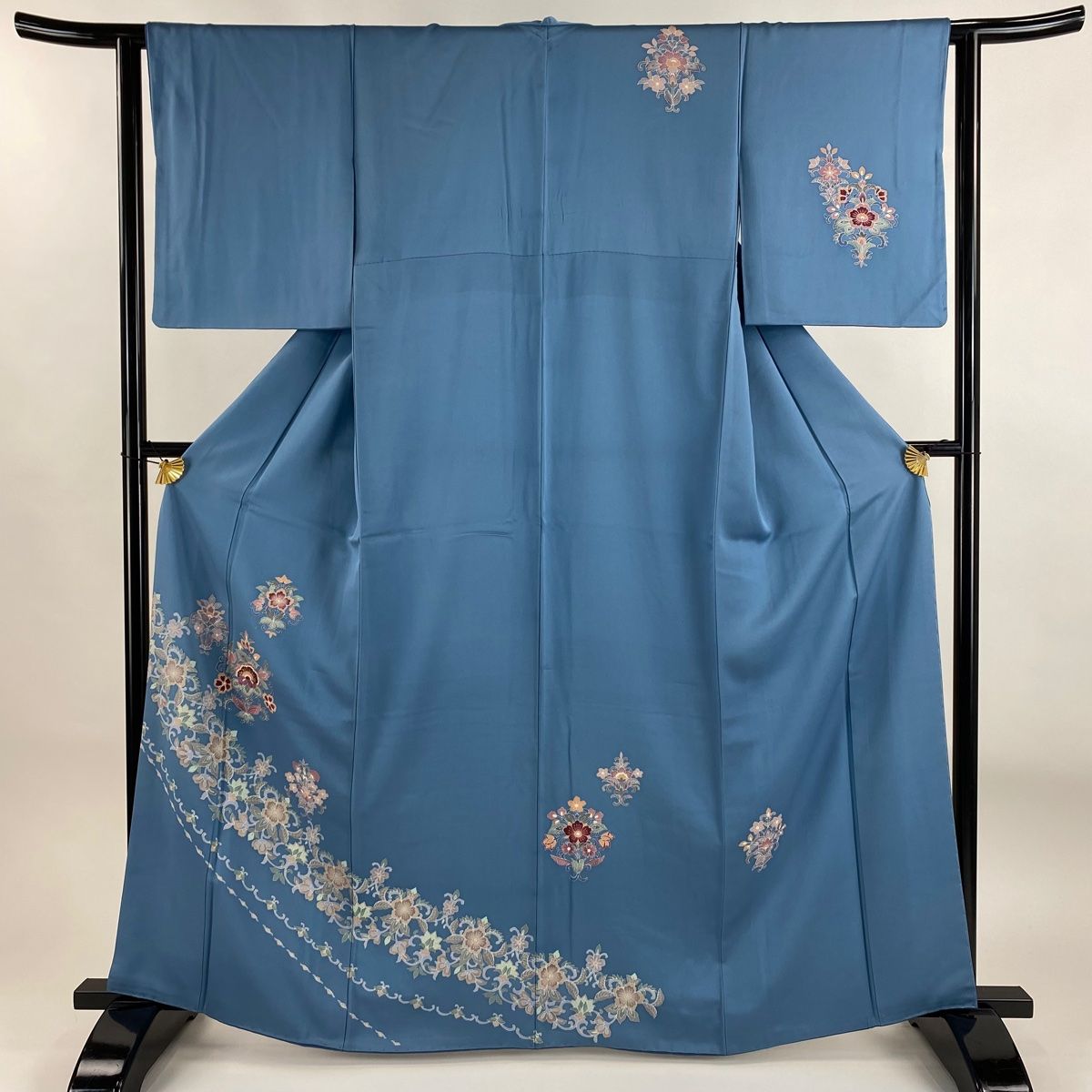訪問着 身丈163cm 裄丈62cm S 袷 花唐草 刺繍 水色 正絹 秀品