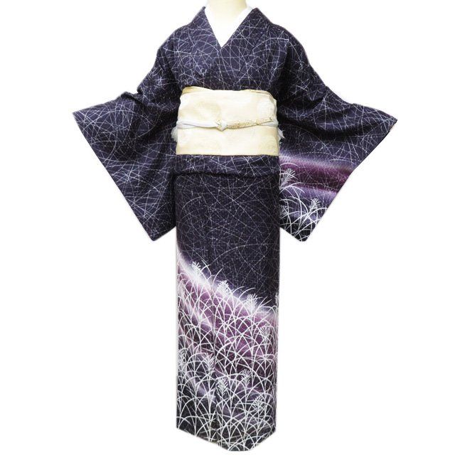 付下げ 付け下げ 訪問着 着物 中古 袷 フォーマル 植物模様 黒