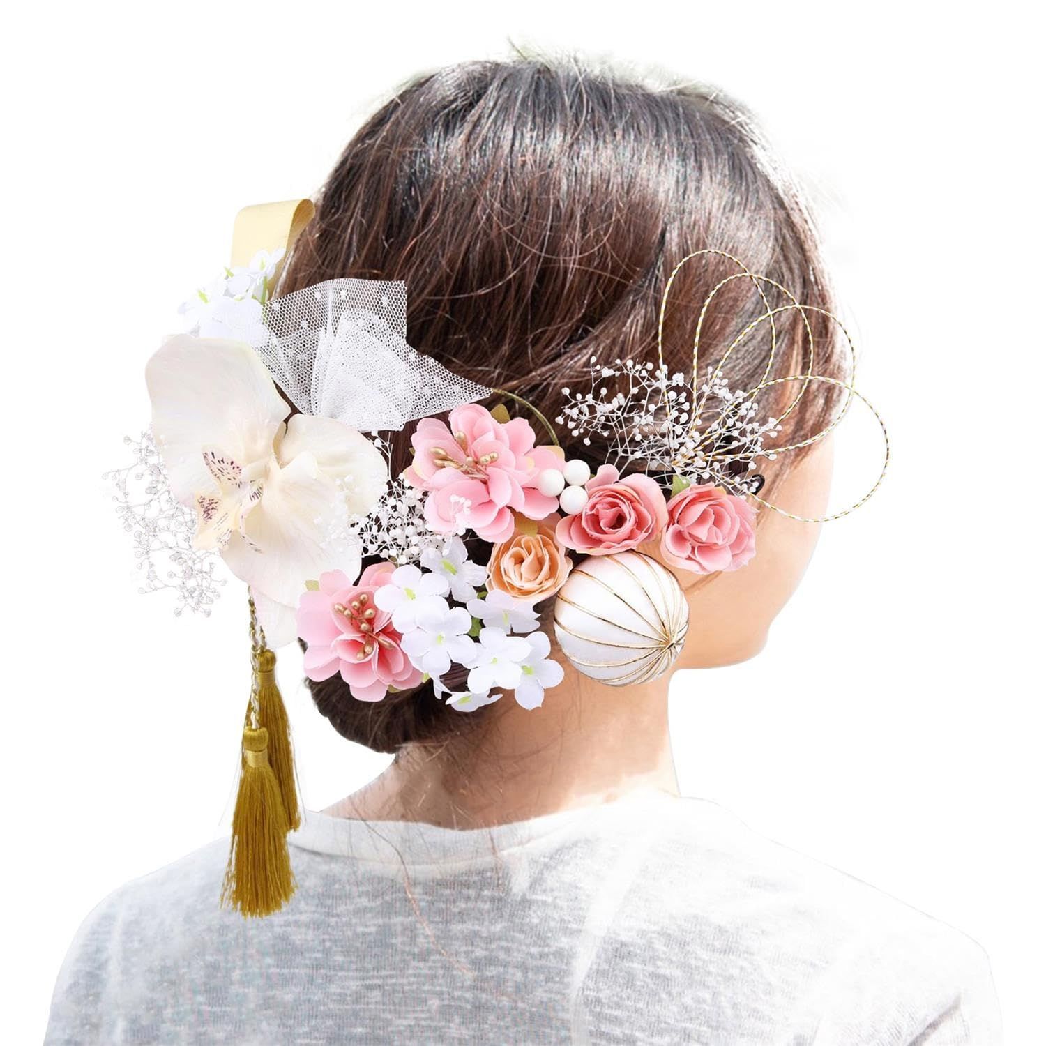 髪飾り 成人式 Shop] 卒業式 袴 和装 造花 結婚式 JOMA-E 組紐 水引 金箔 E-Shop] 人気 ロープ 髪飾り販売：成人式・卒業式に！大きいユリに紫の小花や水引をプラス
