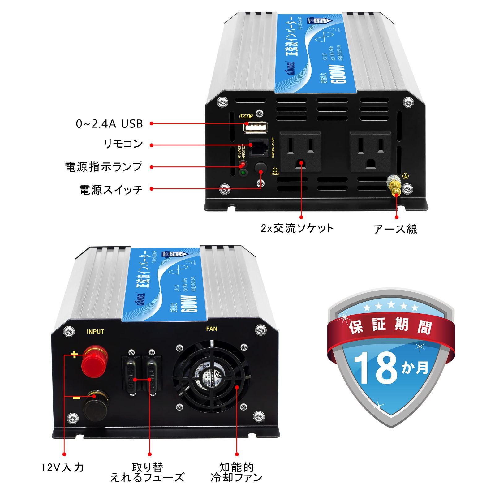 Giandel インバーター 2000W 12V 正弦波 リモコン付き（RENOGY MPPT 