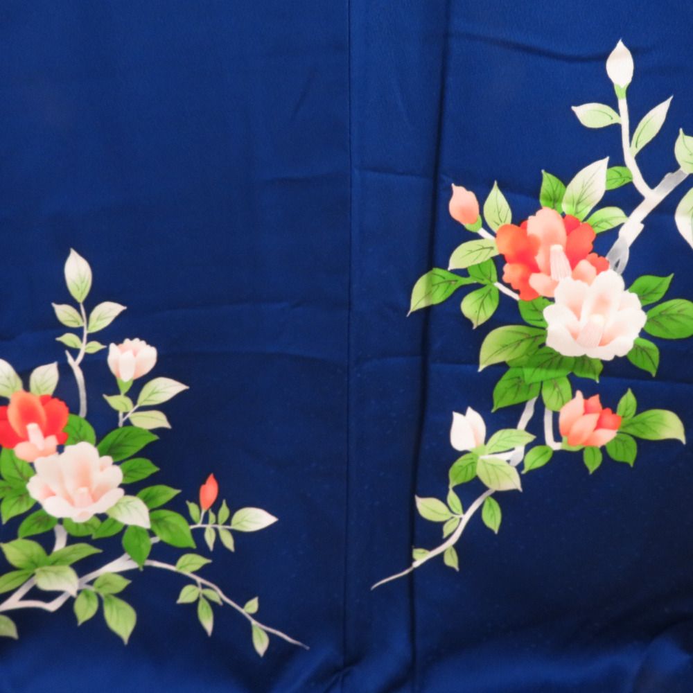 vVS大きいサイズお仕立て上がり正絹付下げ青色地に手描きの花柄