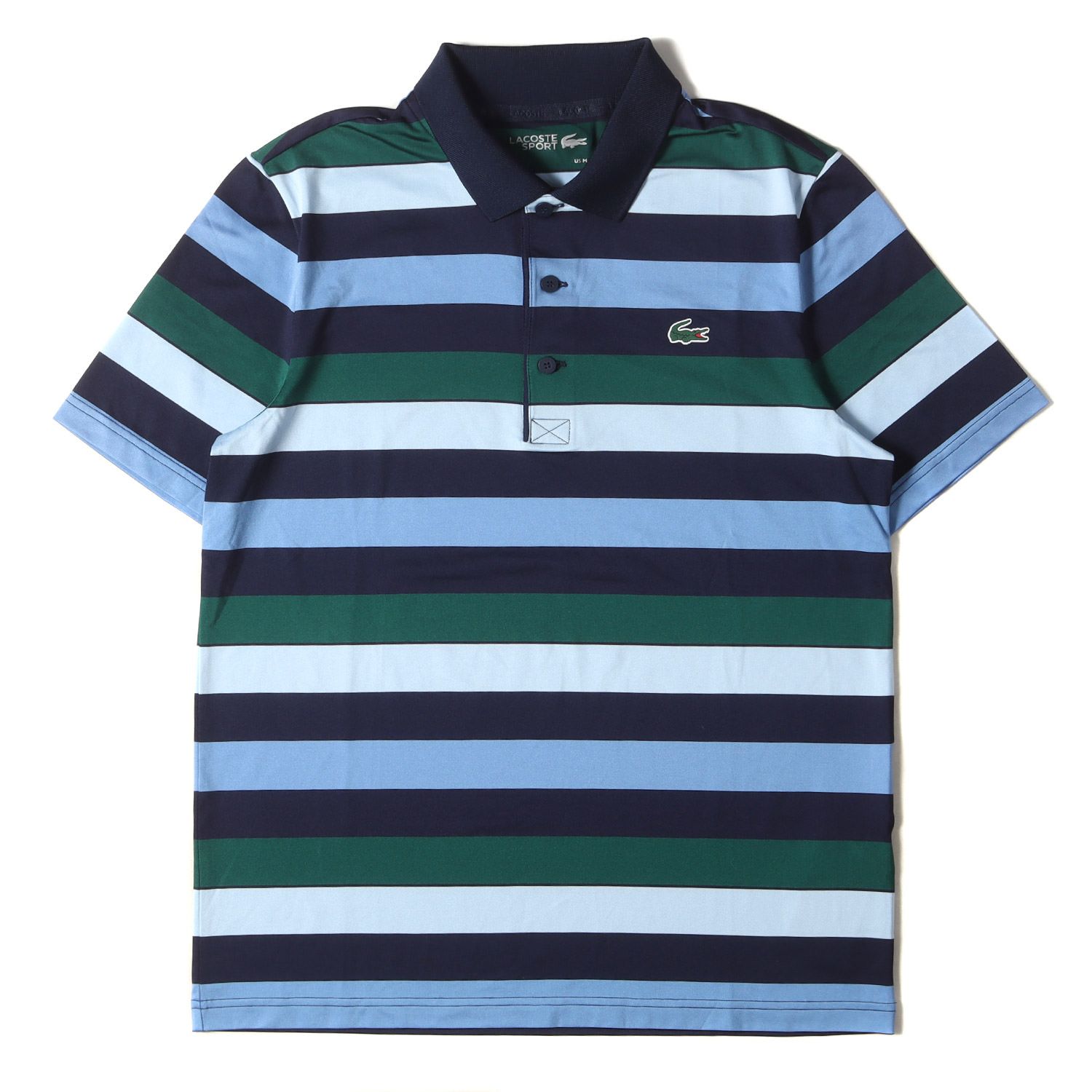 美品 LACOSTE ラコステ ポロシャツ サイズ:M ノスタルジック ウルトラドライ ボーダー ゴルフ 半袖ポロシャツ カジュアル スポーツ スポカジ ネイビー ブルー グリーン トップス【メンズ】