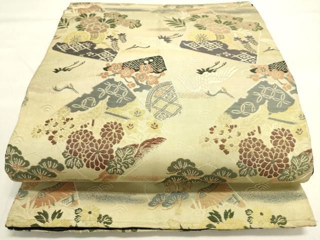 平和屋2◎アンティーク 大正ロマン 丸帯 双鶴菱花文 金糸 逸品 