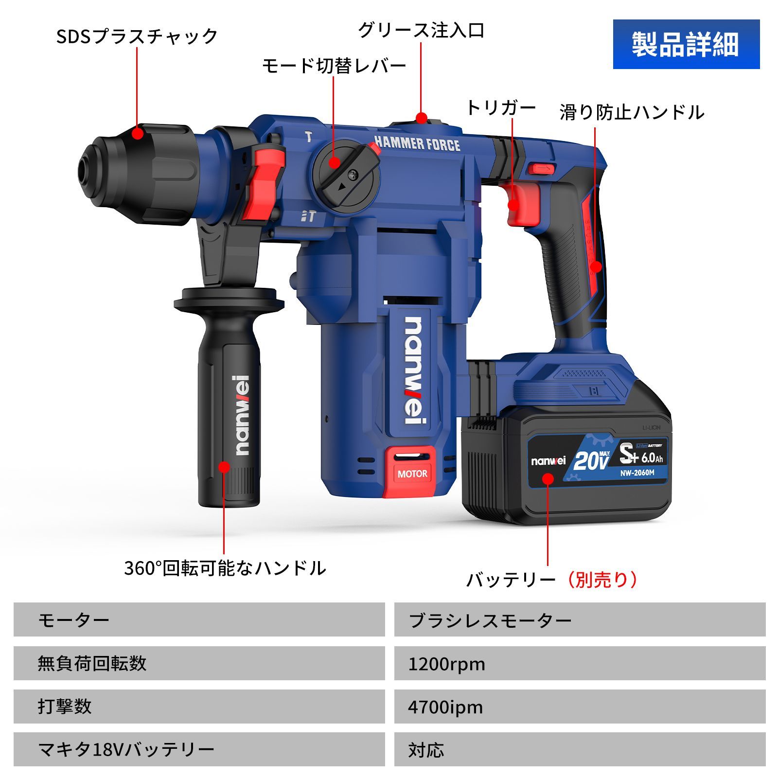 NANWEI 充電式ハンマードリル コードレスハンマードリル 振動ドリル
